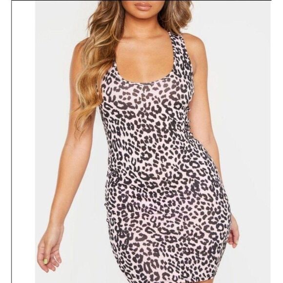 PrettyLittleThing Womens Dress Pink 2 Animal Print Body Con Mini Scoop Neck New - Picture 1 of 9